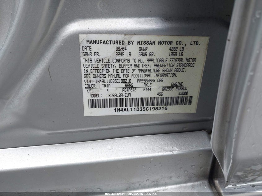 2005 Nissan Altima 2.5 S VIN: 1N4AL11D35C198216 Lot: 43332531