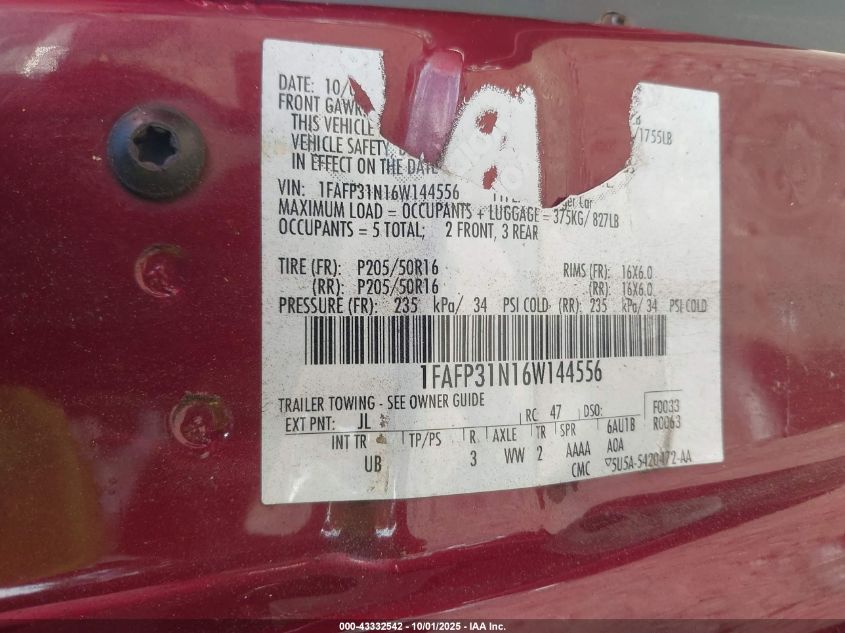 2006 Ford Focus Zx3 VIN: 1FAFP31N16W144556 Lot: 43332542