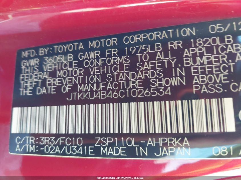 2012 Scion Xd VIN: JTKKU4B46C1026534 Lot: 43332546