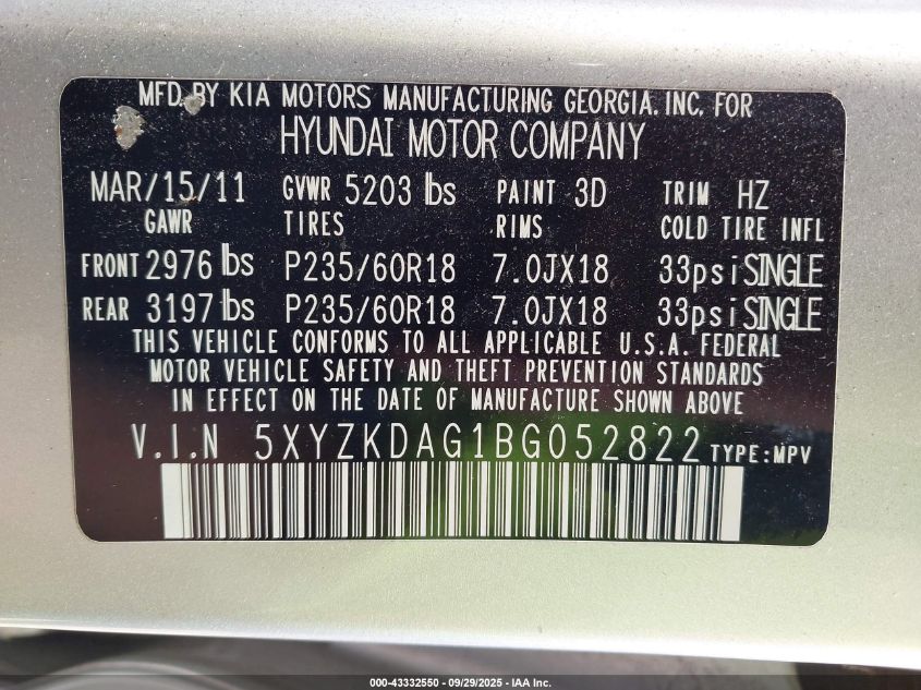 2011 Hyundai Santa Fe Limited V6 VIN: 5XYZKDAG1BG052822 Lot: 43332550