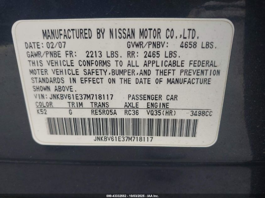 2007 Infiniti G35 Sport VIN: JNKBV61E37M718117 Lot: 43332552