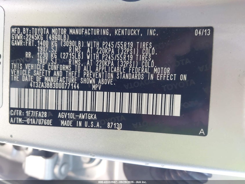 2013 TOYOTA VENZA LE 4T3ZA3BB3DU077144