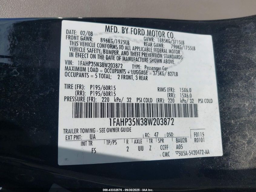 2008 Ford Focus Se/Ses VIN: 1FAHP35N38W203872 Lot: 43332576