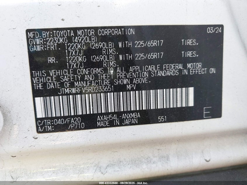 2024 Toyota Rav4 Hybrid Xle VIN: JTMRWRFV5RD233651 Lot: 43332588