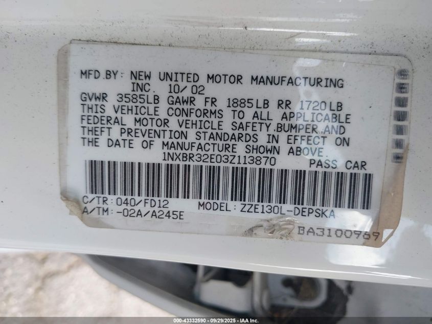 2003 Toyota Corolla S VIN: 1NXBR32E03Z113870 Lot: 43332590