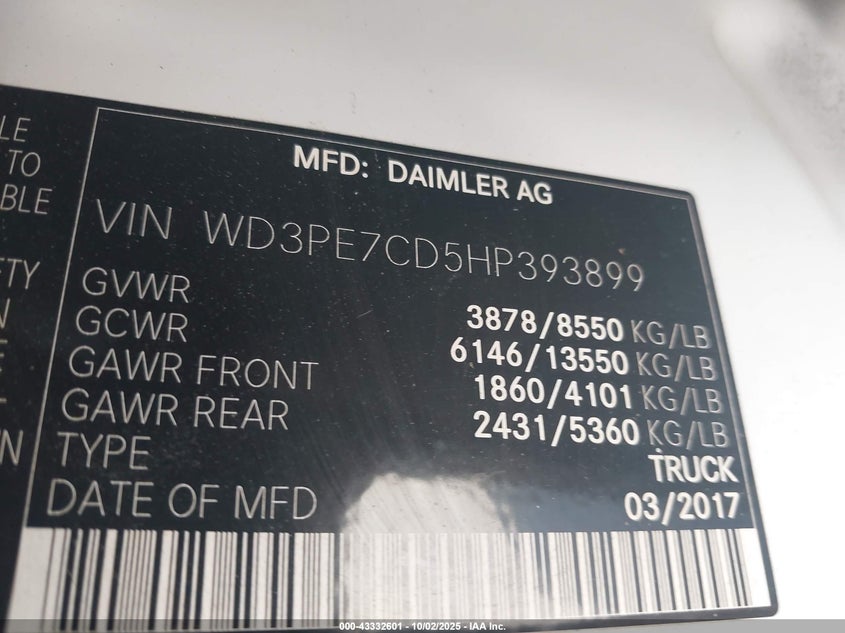 2017 MERCEDES-BENZ SPRINTER 2500 STANDARD ROOF V6 - WD3PE7CD5HP393899