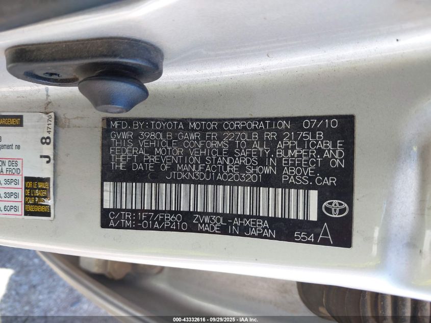 2010 Toyota Prius Iii VIN: JTDKN3DU1A0203201 Lot: 43332616