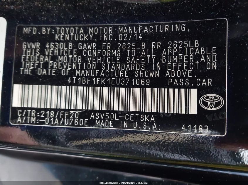 2014 Toyota Camry Se VIN: 4T1BF1FK1EU371069 Lot: 43332630