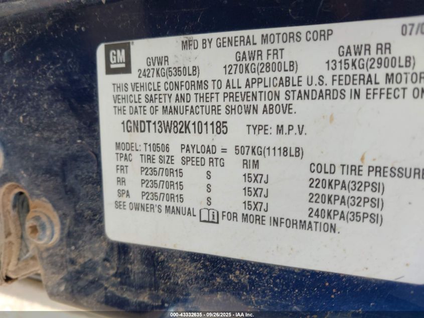 2002 Chevrolet Blazer Ls VIN: 1GNDT13W82K101185 Lot: 43332635