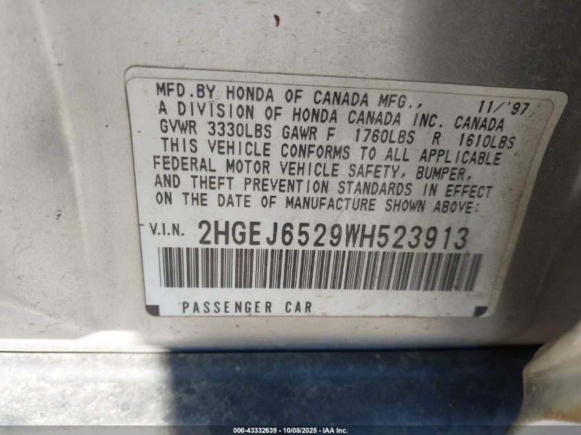 1998 Honda Civic Dx VIN: 2HGEJ6529WH523913 Lot: 43332639