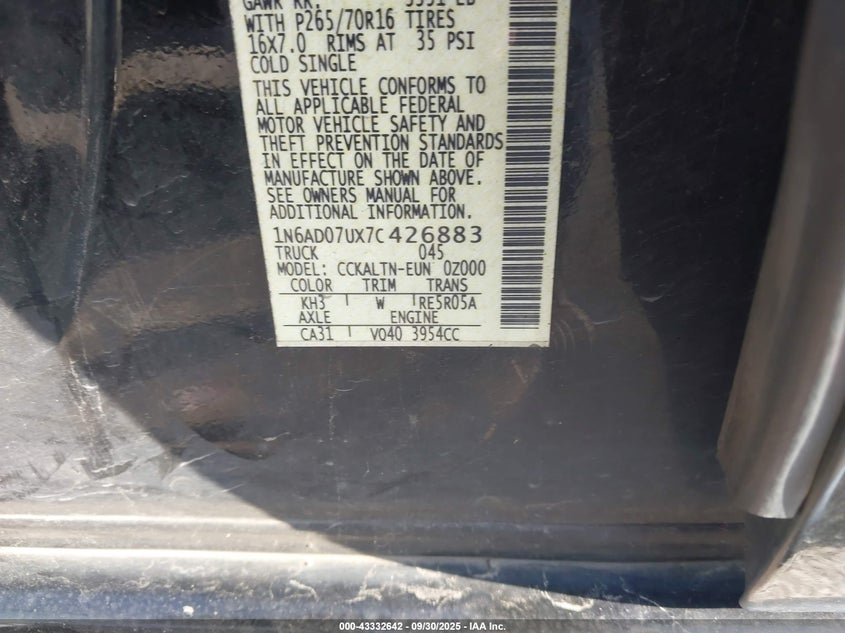 2007 Nissan Frontier Se VIN: 1N6AD07UX7C426883 Lot: 43332642