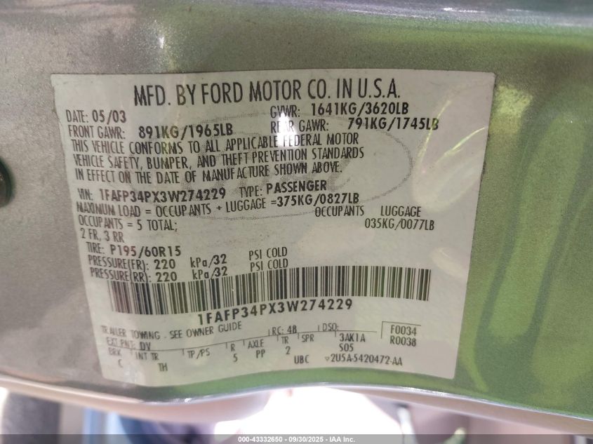 2003 Ford Focus Se VIN: 1FAFP34PX3W274229 Lot: 43332650