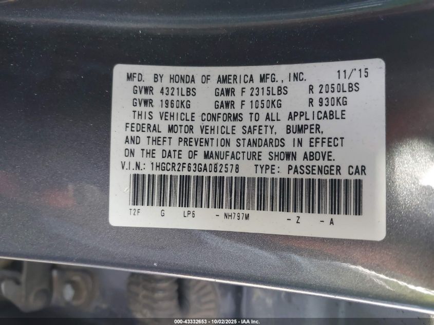 2016 Honda Accord Sport VIN: 1HGCR2F63GA082578 Lot: 43332653