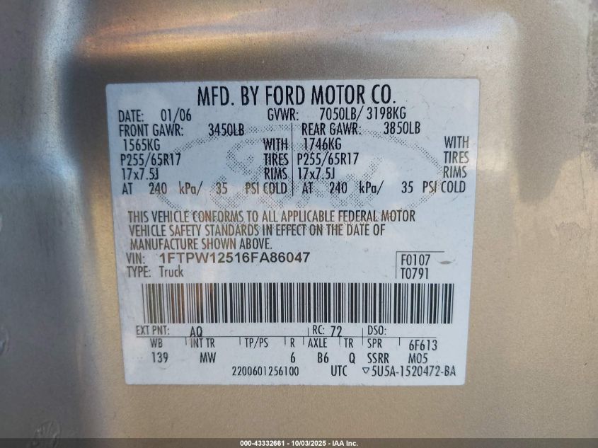 2006 Ford F-150 Lariat/Xlt VIN: 1FTPW12516FA86047 Lot: 43332661