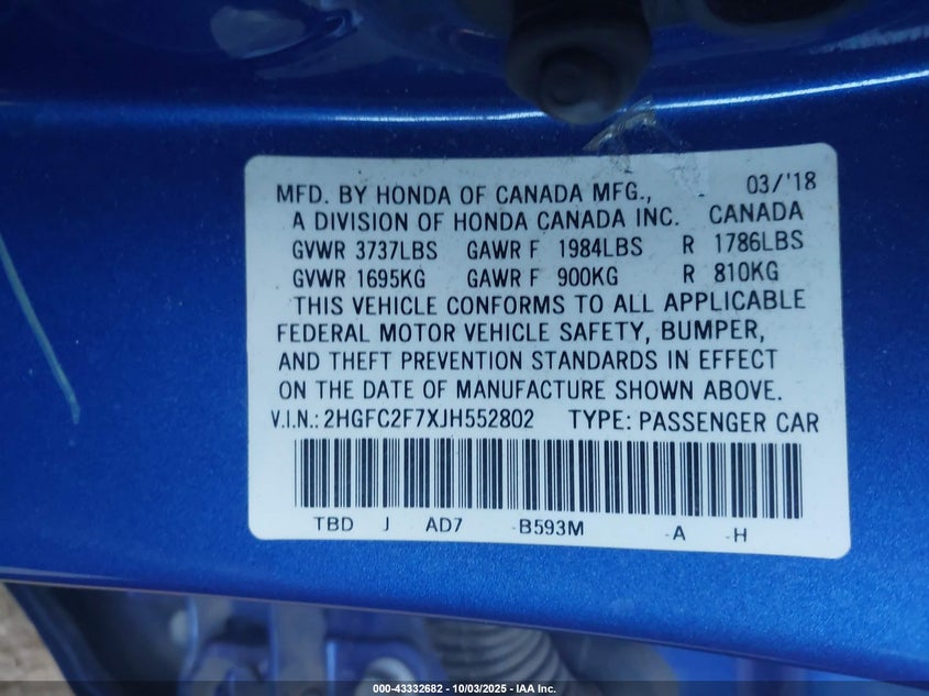 2018 HONDA CIVIC EX - 2HGFC2F7XJH552802