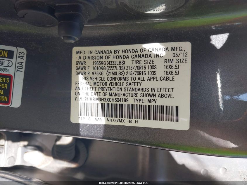 2012 Honda Cr-V Lx VIN: 2HKRM3H3XCH504199 Lot: 43332691