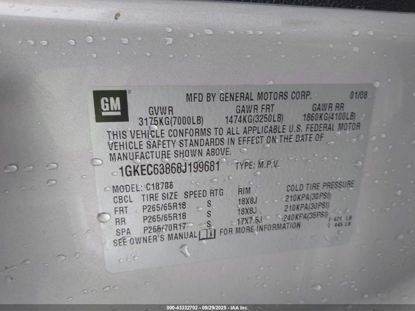 2008 GMC Yukon Denali VIN: 1GKEC63868J199681 Lot: 43332702