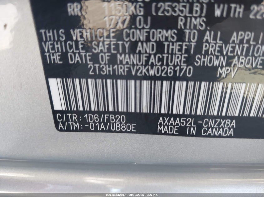 2019 TOYOTA RAV4 LE - 2T3H1RFV2KW026170