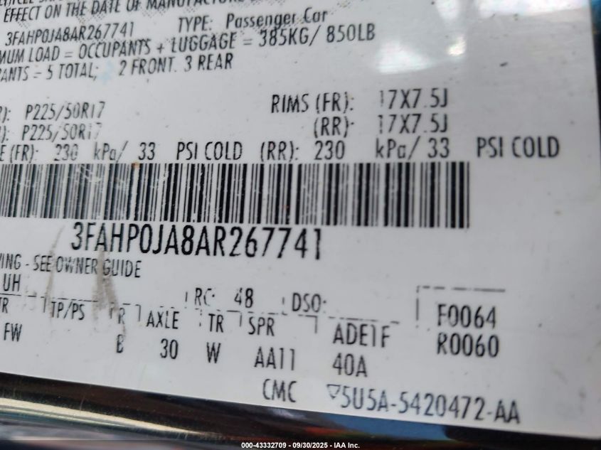 2010 Ford Fusion Sel VIN: 3FAHP0JA8AR267741 Lot: 43332709