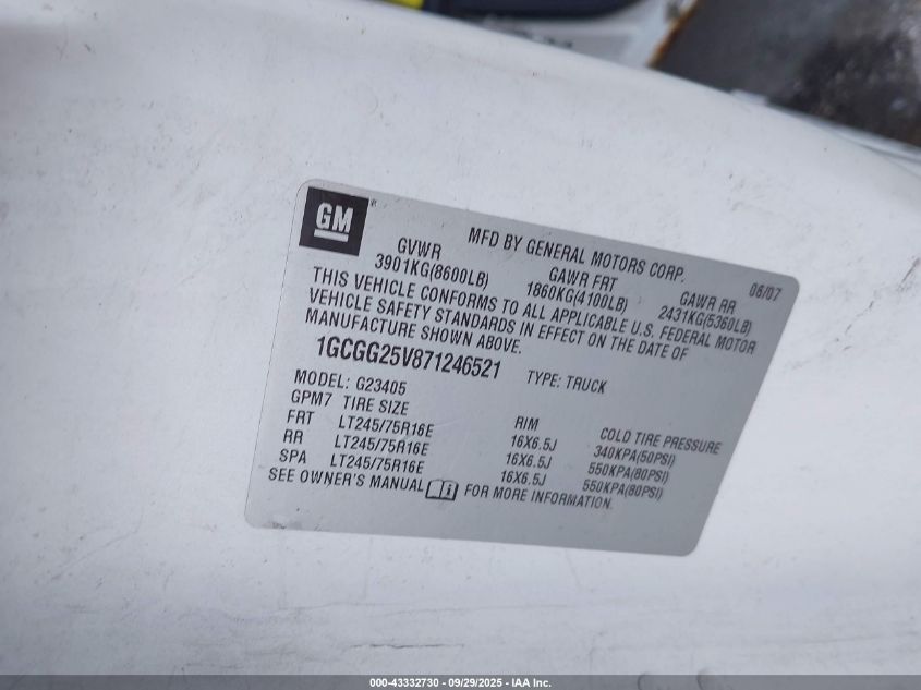 2007 Chevrolet Express Work Van VIN: 1GCGG25V871246521 Lot: 43332730