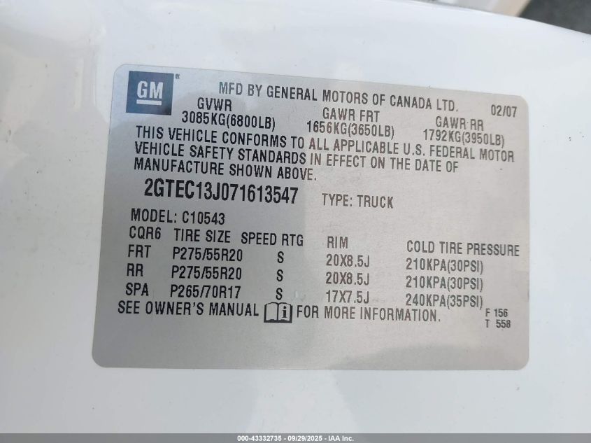 2007 GMC Sierra 1500 Sle1 VIN: 2GTEC13J071613547 Lot: 43332735