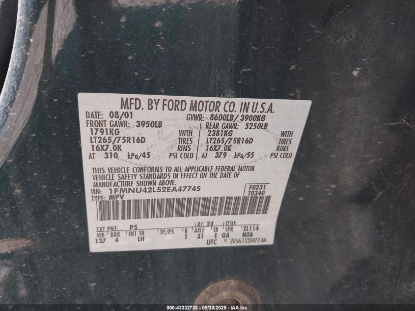 2002 Ford Excursion Limited VIN: 1FMNU42L52EA47745 Lot: 43332738