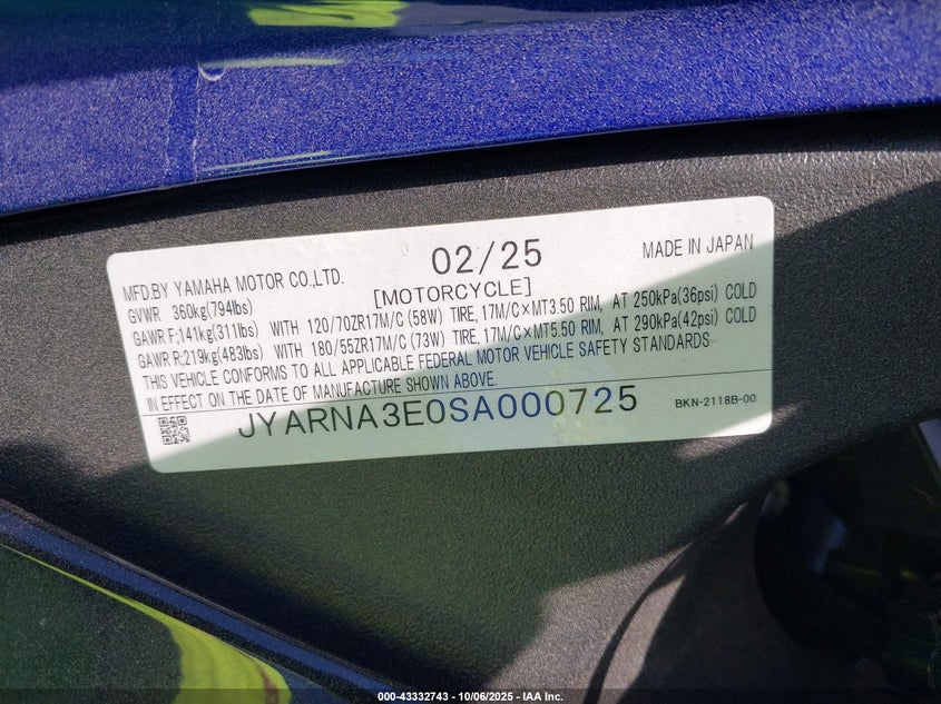 2025 YAMAHA YZF890 JYARNA3E0SA000725