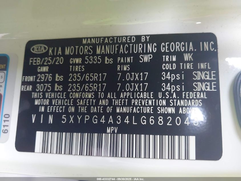 2020 Kia Sorento 2.4L Lx VIN: 5XYPG4A34LG682048 Lot: 43332744