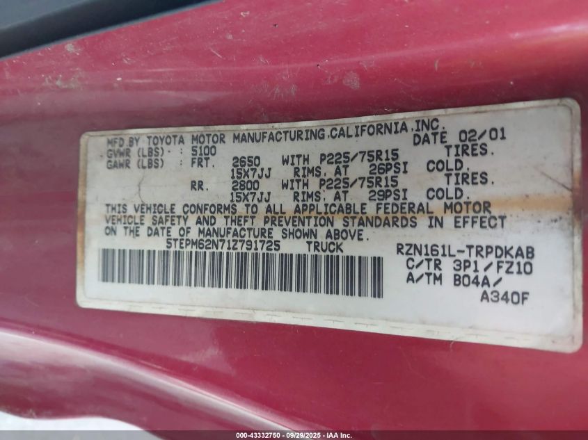 2001 Toyota Tacoma VIN: 5TEPM62N71Z791725 Lot: 43332750