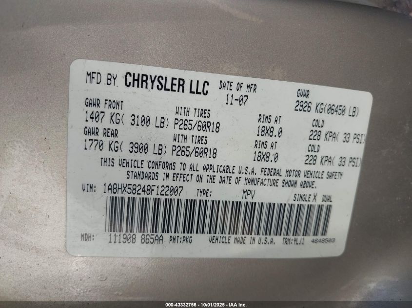 2008 Chrysler Aspen Limited VIN: 1A8HX58248F122007 Lot: 43332756