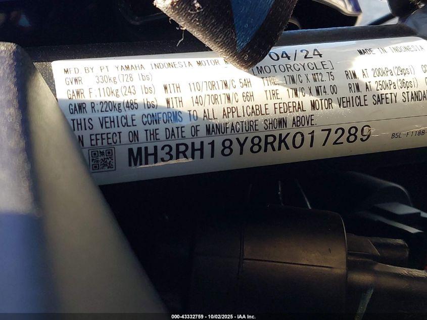 2024 Yamaha Yzfr3 A VIN: MH3RH18Y8RK017289 Lot: 43332759
