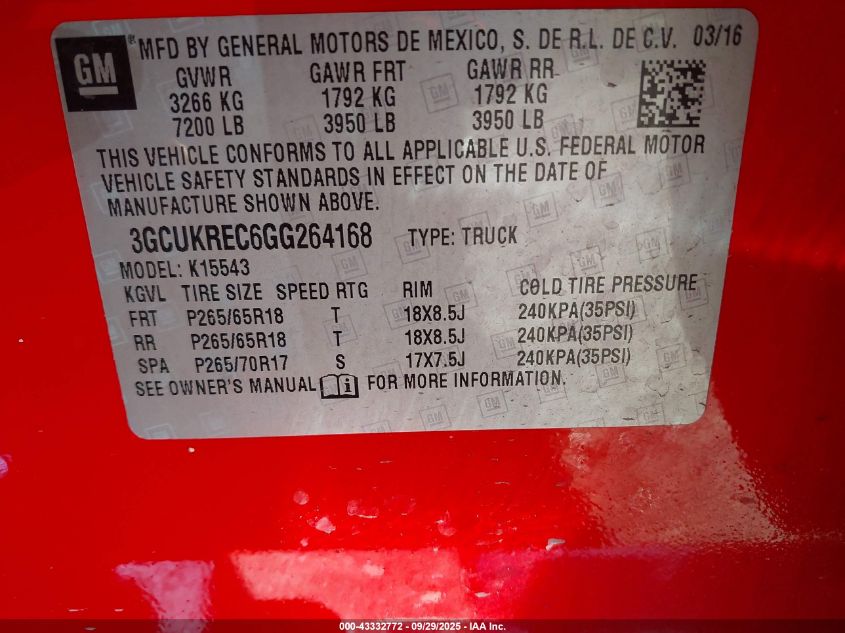 2016 Chevrolet Silverado 1500 2Lt VIN: 3GCUKREC6GG264168 Lot: 43332772