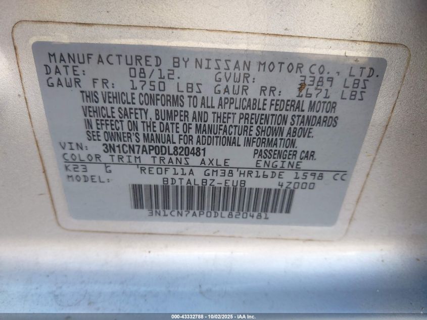 2013 Nissan Versa 1.6 Sv VIN: 3N1CN7AP0DL820481 Lot: 43332788