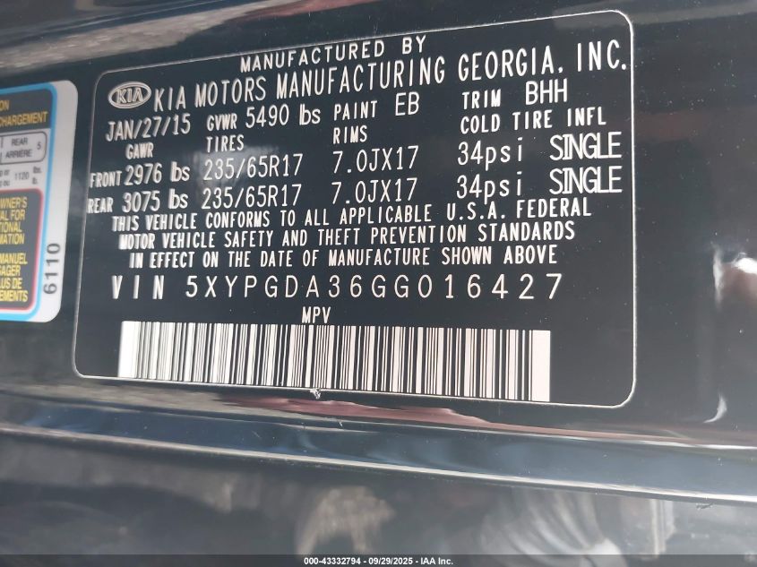 2016 Kia Sorento 2.4L Lx VIN: 5XYPGDA36GG016427 Lot: 43332794