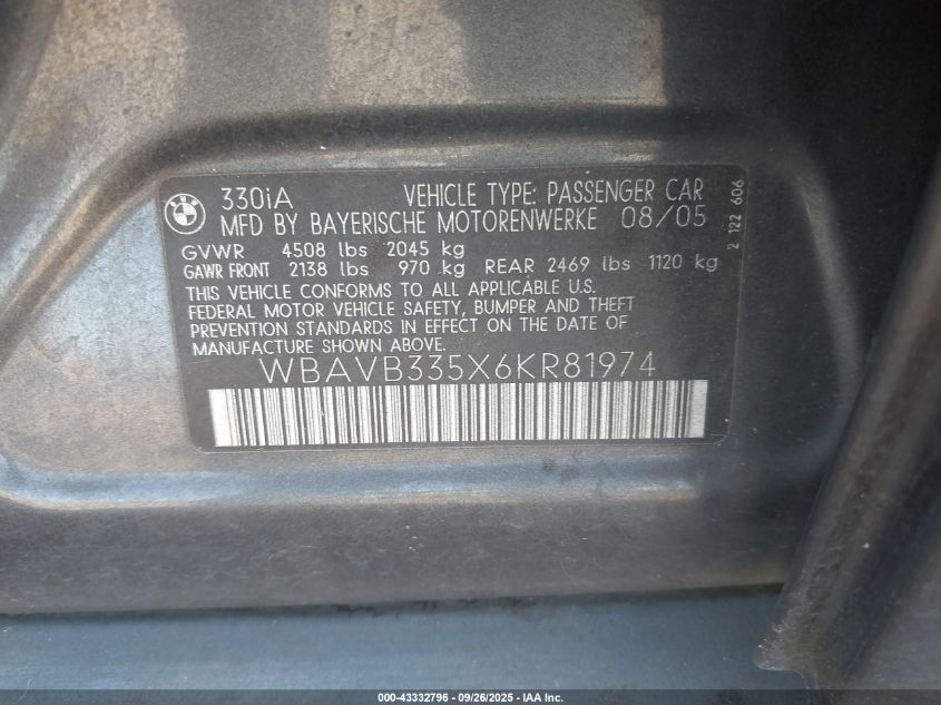 2006 BMW 330I VIN: WBAVB335X6KR81974 Lot: 43332796