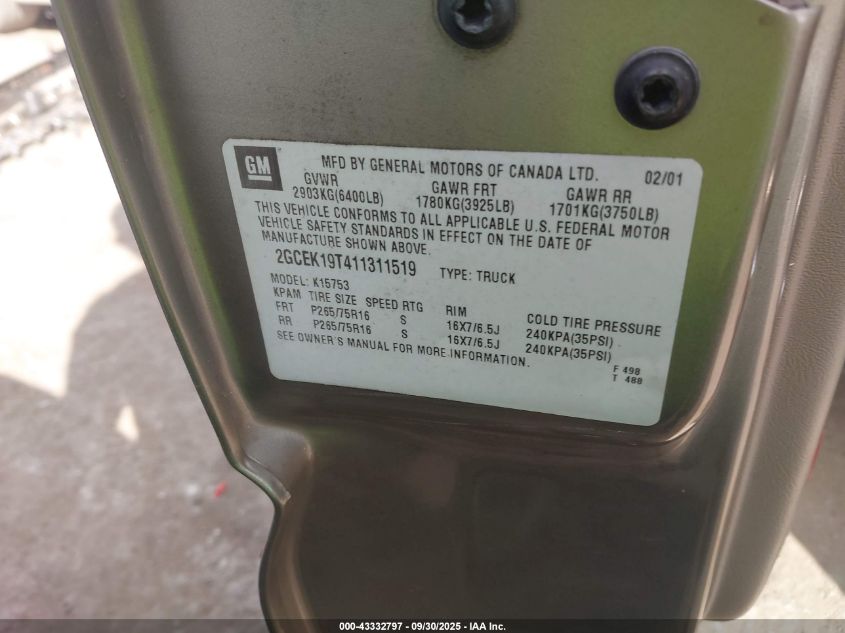 2001 Chevrolet Silverado 1500 Ls VIN: 2GCEK19T411311519 Lot: 43332797
