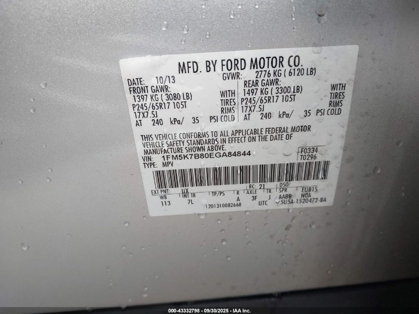 2014 Ford Explorer VIN: 1FM5K7B80EGA84844 Lot: 43332798