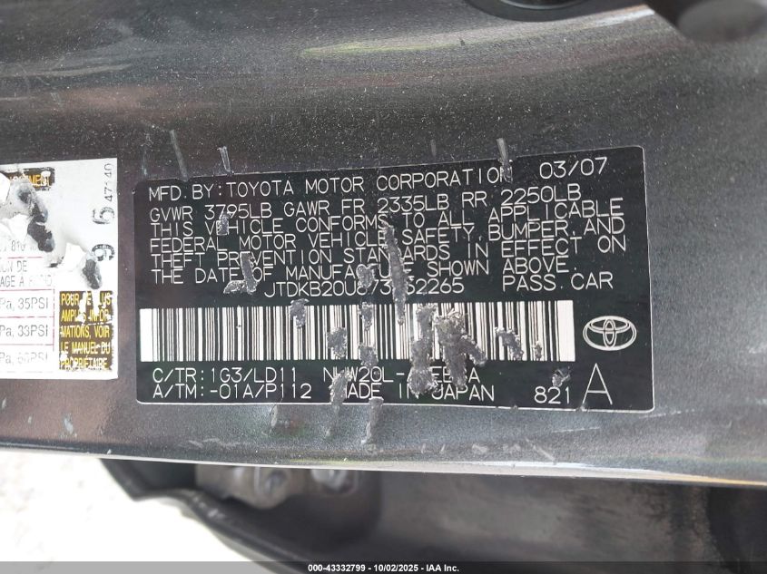 2007 Toyota Prius Touring VIN: JTDKB20U873252265 Lot: 43332799