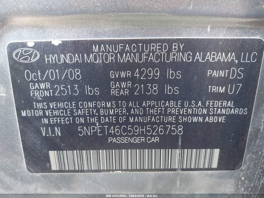 2009 Hyundai Sonata Gls VIN: 5NPET46C59H526758 Lot: 43332802