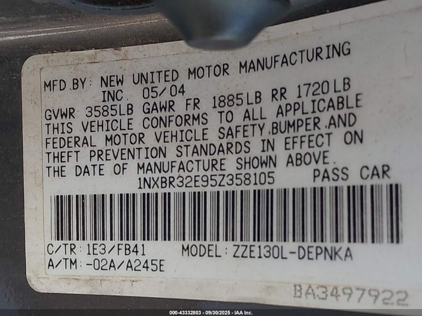 2005 Toyota Corolla Le VIN: 1NXBR32E95Z358105 Lot: 43332803