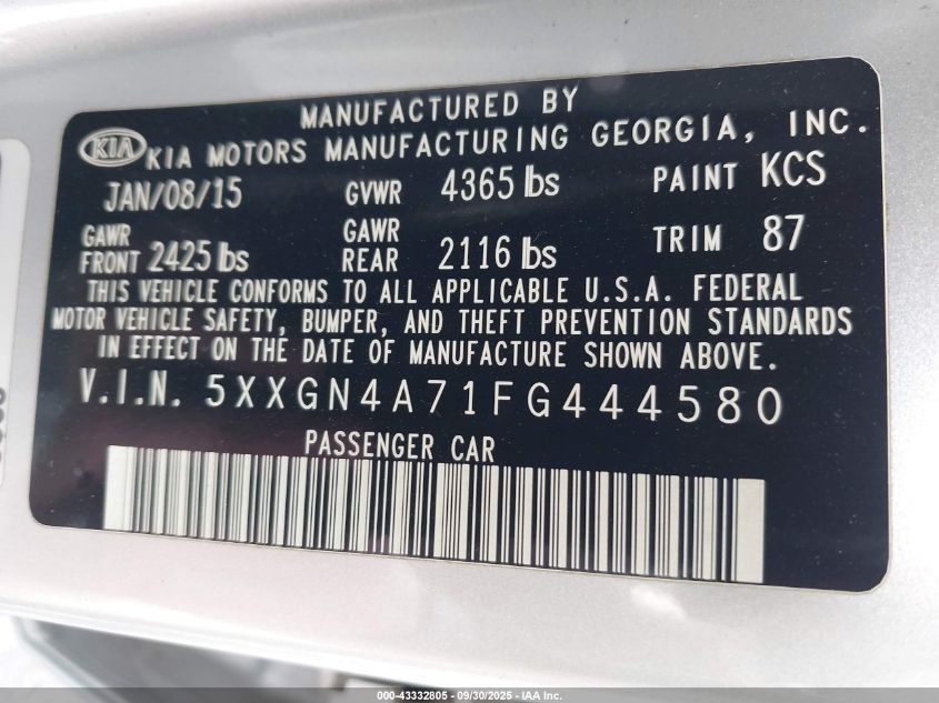 2015 Kia Optima Ex VIN: 5XXGN4A71FG444580 Lot: 43332805