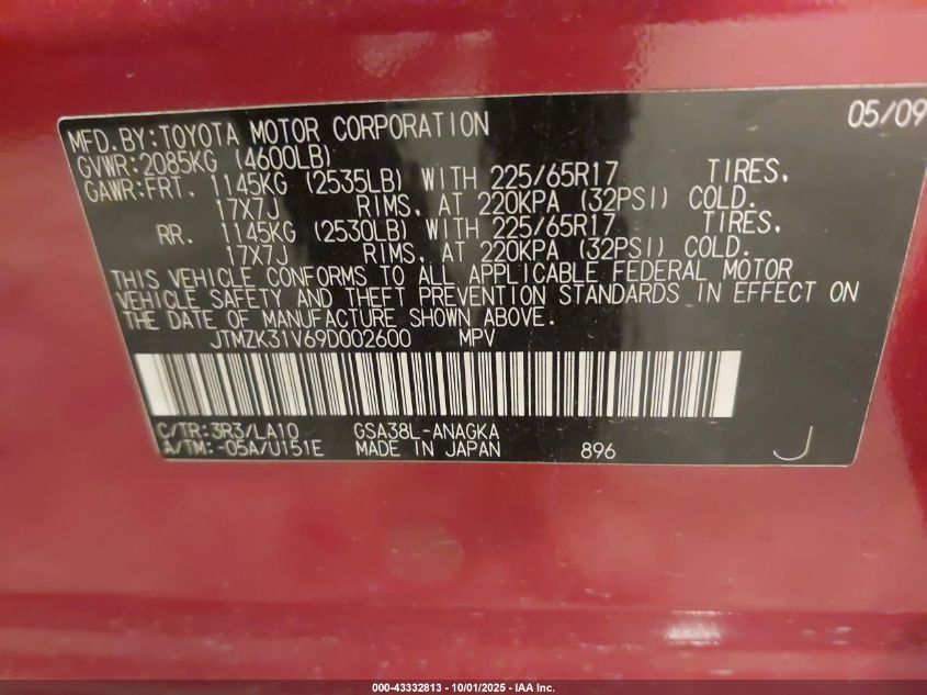 2009 Toyota Rav4 Limited V6 VIN: JTMZK31V69D002600 Lot: 43332813