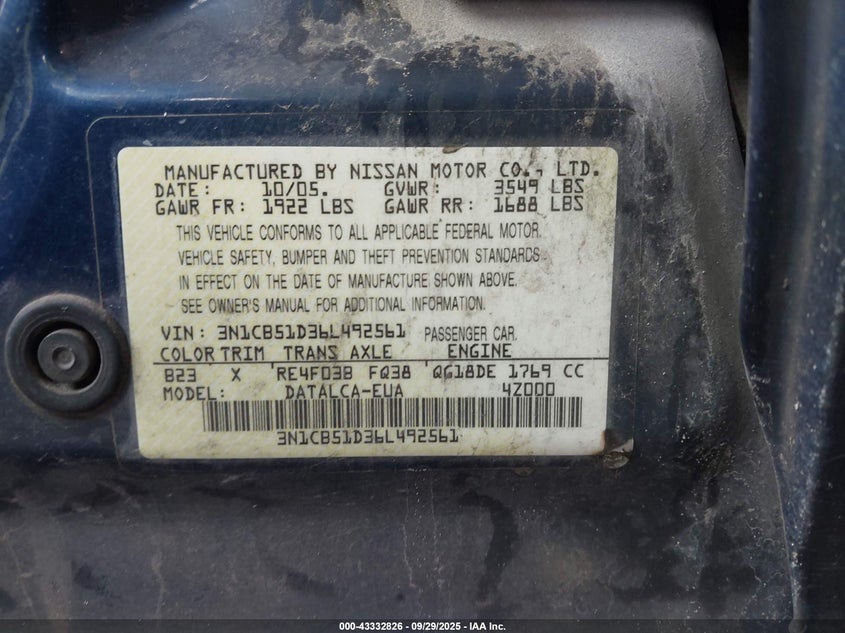 2006 Nissan Sentra 1.8 VIN: 3N1CB51D36L492561 Lot: 43332826