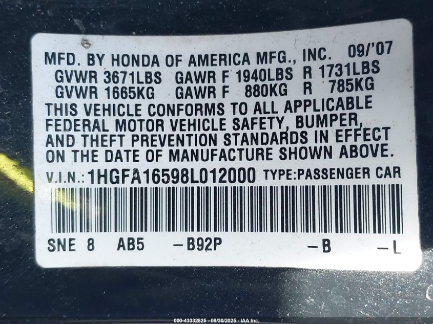 2008 Honda Civic Lx VIN: 1HGFA16598L012000 Lot: 43332825