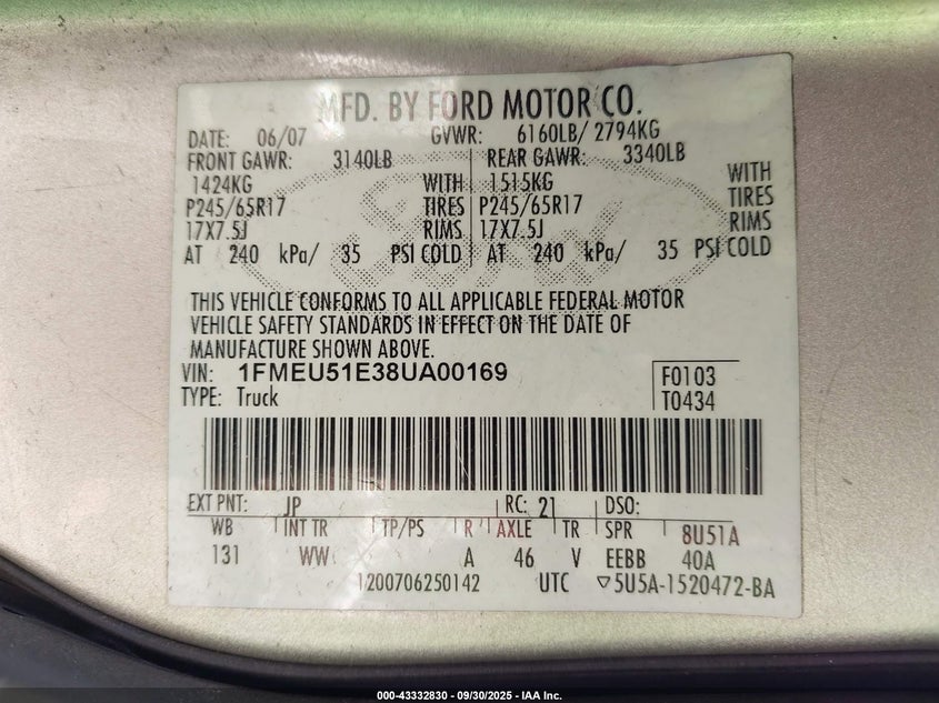 2008 Ford Explorer Sport Trac Xlt VIN: 1FMEU51E38UA00169 Lot: 43332830