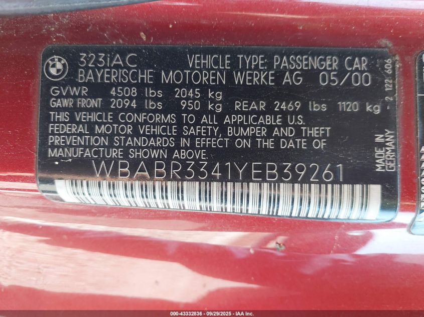2000 BMW 323Ci VIN: WBABR3341YEB39261 Lot: 43332836