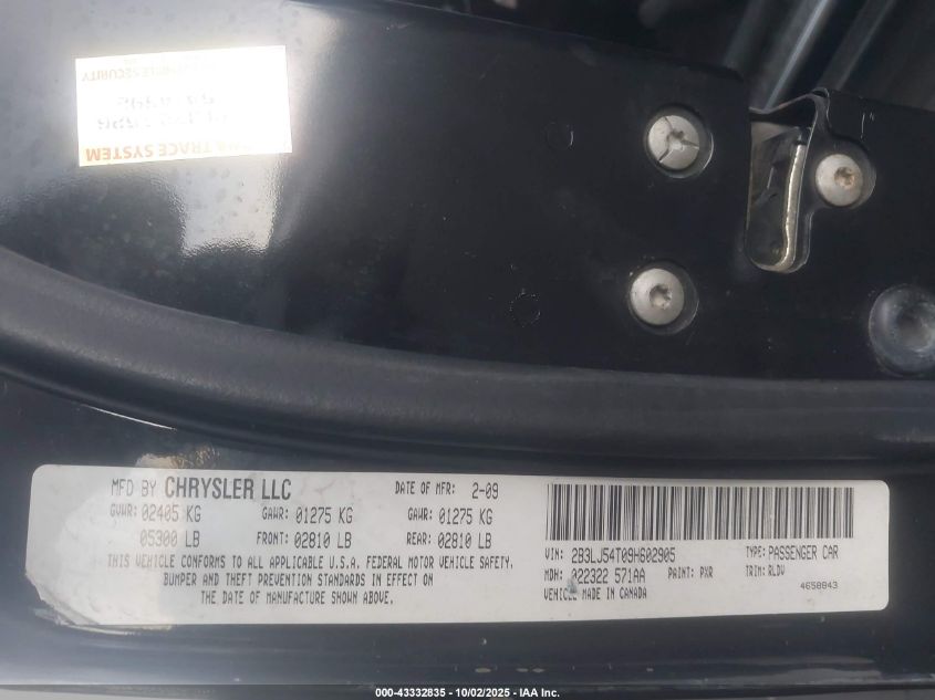 2009 Dodge Challenger R/T VIN: 2B3LJ54T09H602905 Lot: 43332835