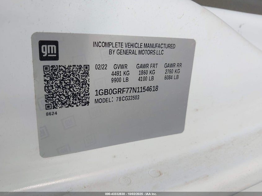 2022 Chevrolet Express Cutaway Work Van VIN: 1GB0GRF77N1154618 Lot: 43332838