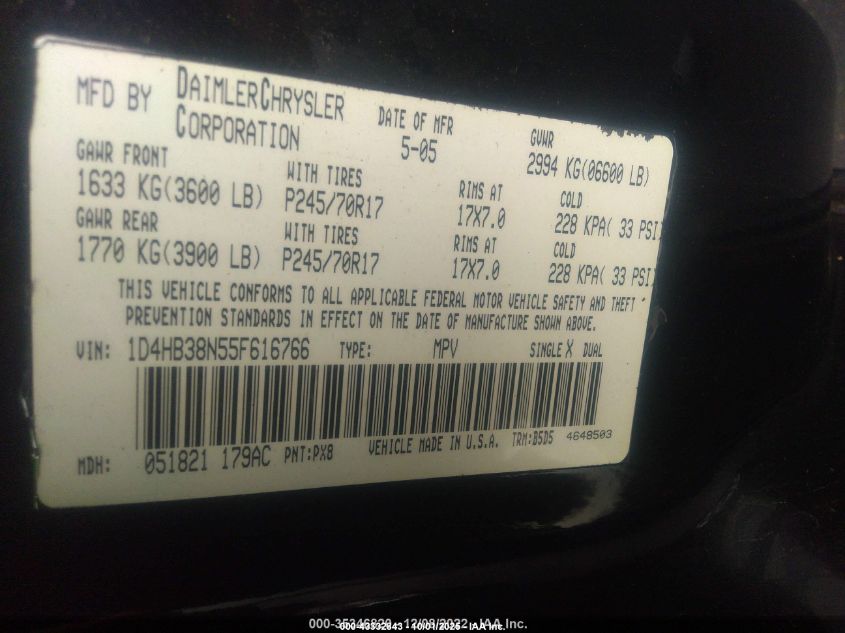 2005 Dodge Durango St VIN: 1D4HB38N55F616667 Lot: 43332843