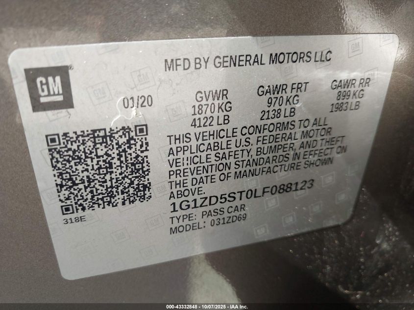 2020 Chevrolet Malibu Fwd Lt VIN: 1G1ZD5ST0LF088123 Lot: 43332848